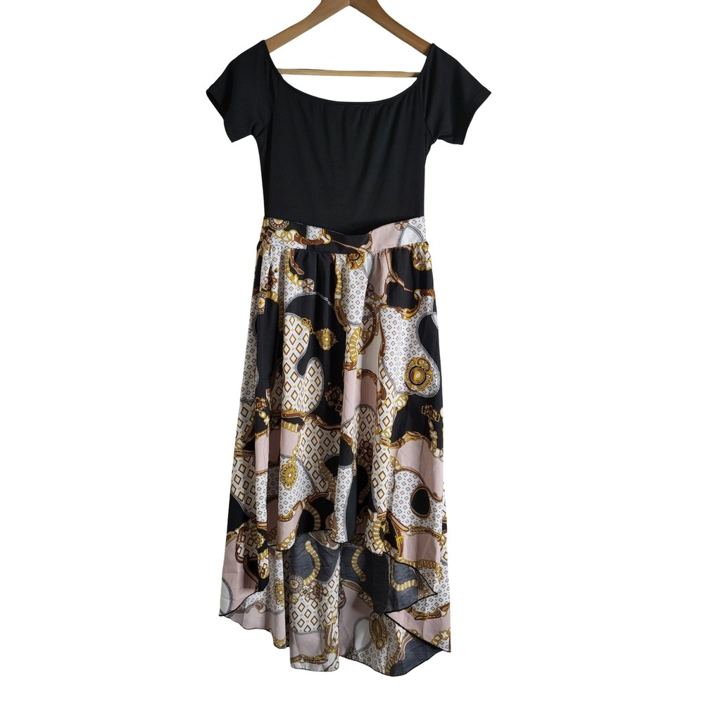 SHEIN Black Ribbed High Low Scarf Print Dress Short Sleeve M US 6 Baroque chic